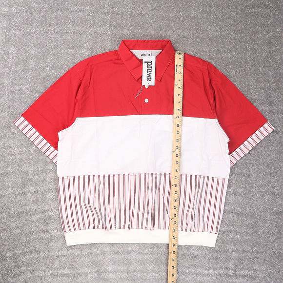 VTG 80s 90s Award Deadstock Large Red White Striped Short Sleeve Collared Shirt - Picture 3 of 9